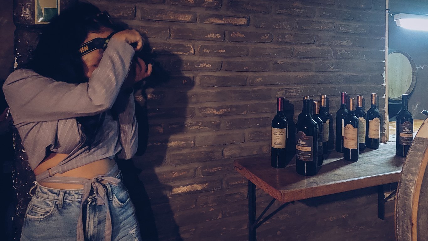 Mulher segurando uma câmera e tirando fotos de uma mesa com várias garrafas de vinho, em um ambiente rústico com parede de tijolos expostos. Ela veste uma camisa de manga longa e calça jeans, concentrada na atividade enquanto a luz suave destaca as garrafas dispostas ao seu lado, criando um clima intimista típico de adegas.