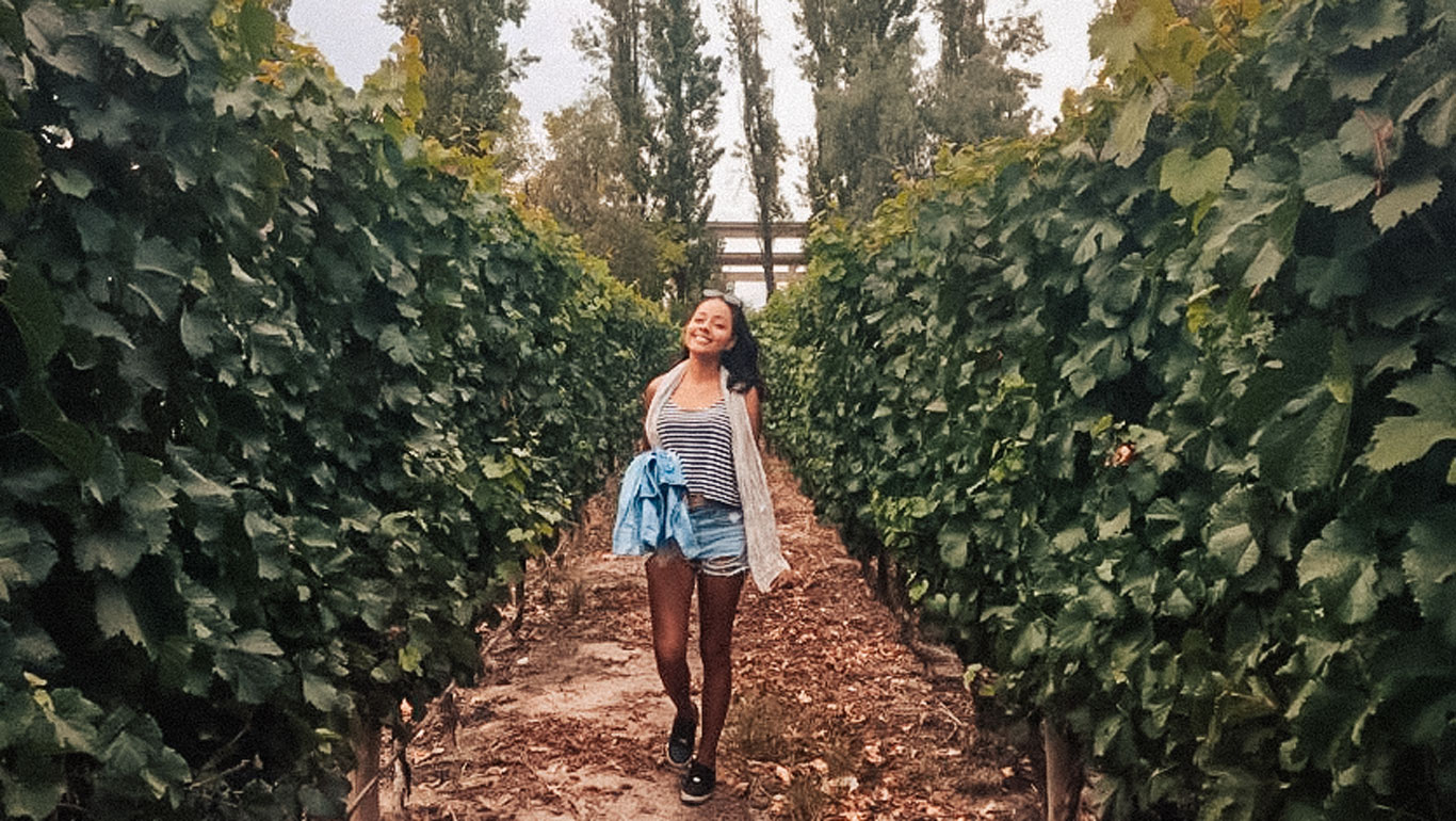 A imagem mostra uma mulher sorridente caminhando entre fileiras de videiras em um vinhedo. Ela veste um top listrado e shorts jeans, com uma jaqueta azul nas mãos. Ao fundo, árvores altas e uma estrutura de madeira ou concreto são visíveis, compondo a paisagem verde e tranquila do local.