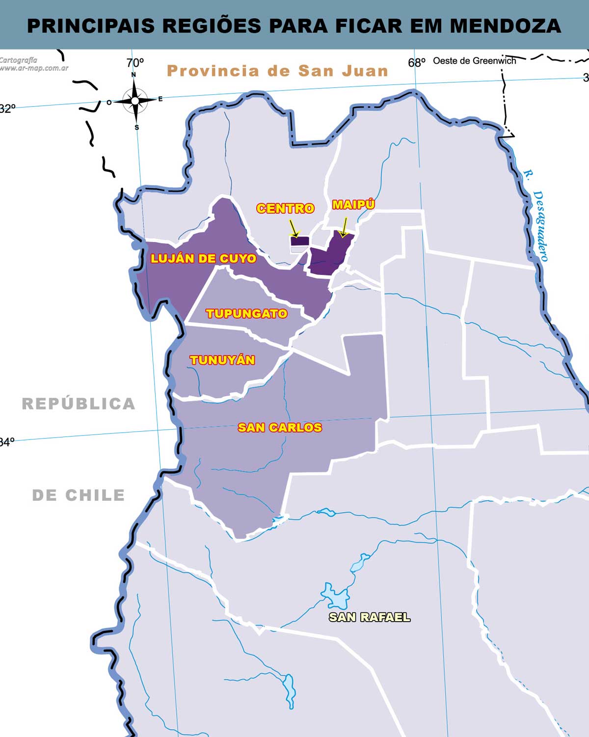 Mapa destacando as principais regiões onde ficar em Mendoza, na Argentina.