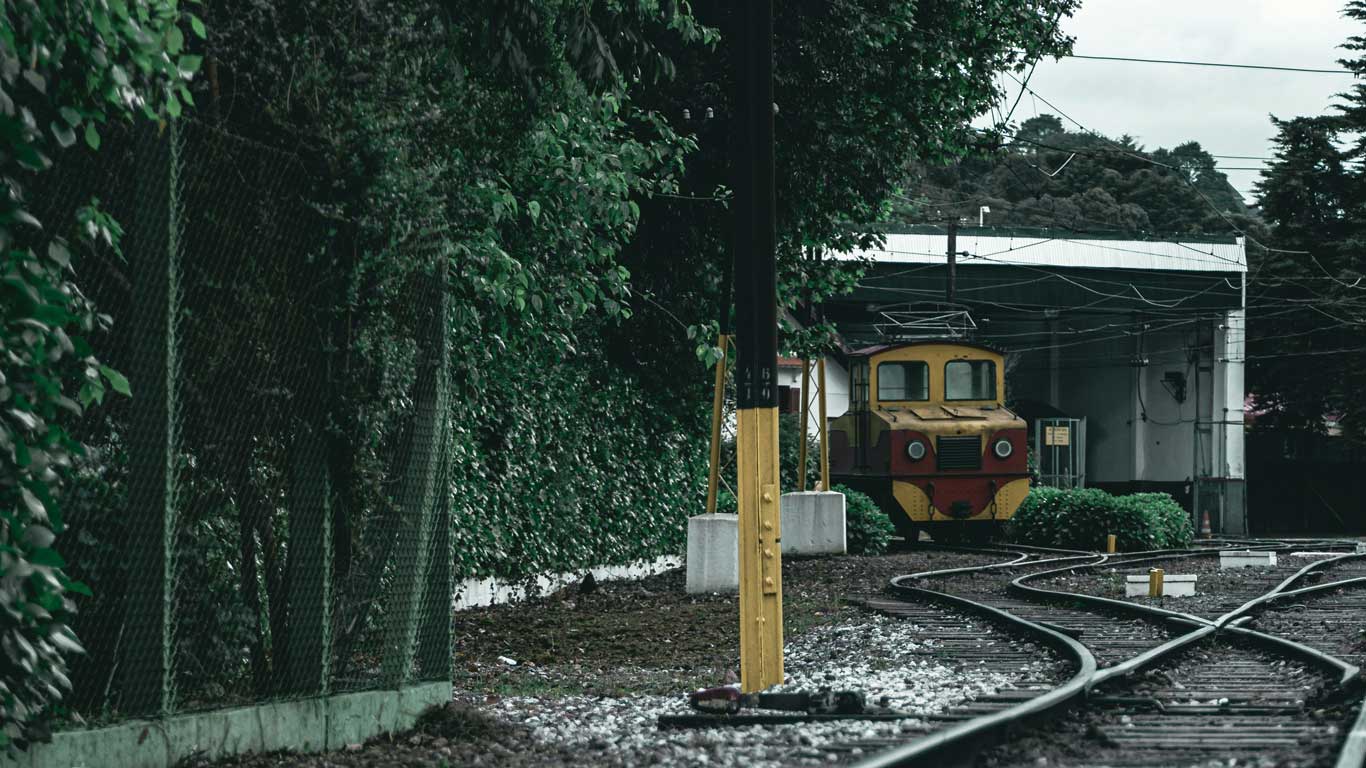 Vista do bonde amarelo e vermelho na estação de Campos do Jordão, parcialmente obscurecido por uma exuberante folhagem verde. Os trilhos do trem curvam-se em primeiro plano, levando ao prédio da estação ao fundo, com densas árvores cercando a área.