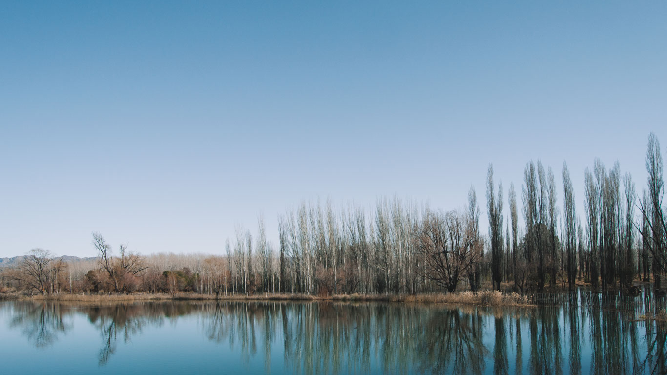 Um lago refletindo as árvores com folhas amareladas de seu entorno, na província de Mendoza durante o mês de setembro.