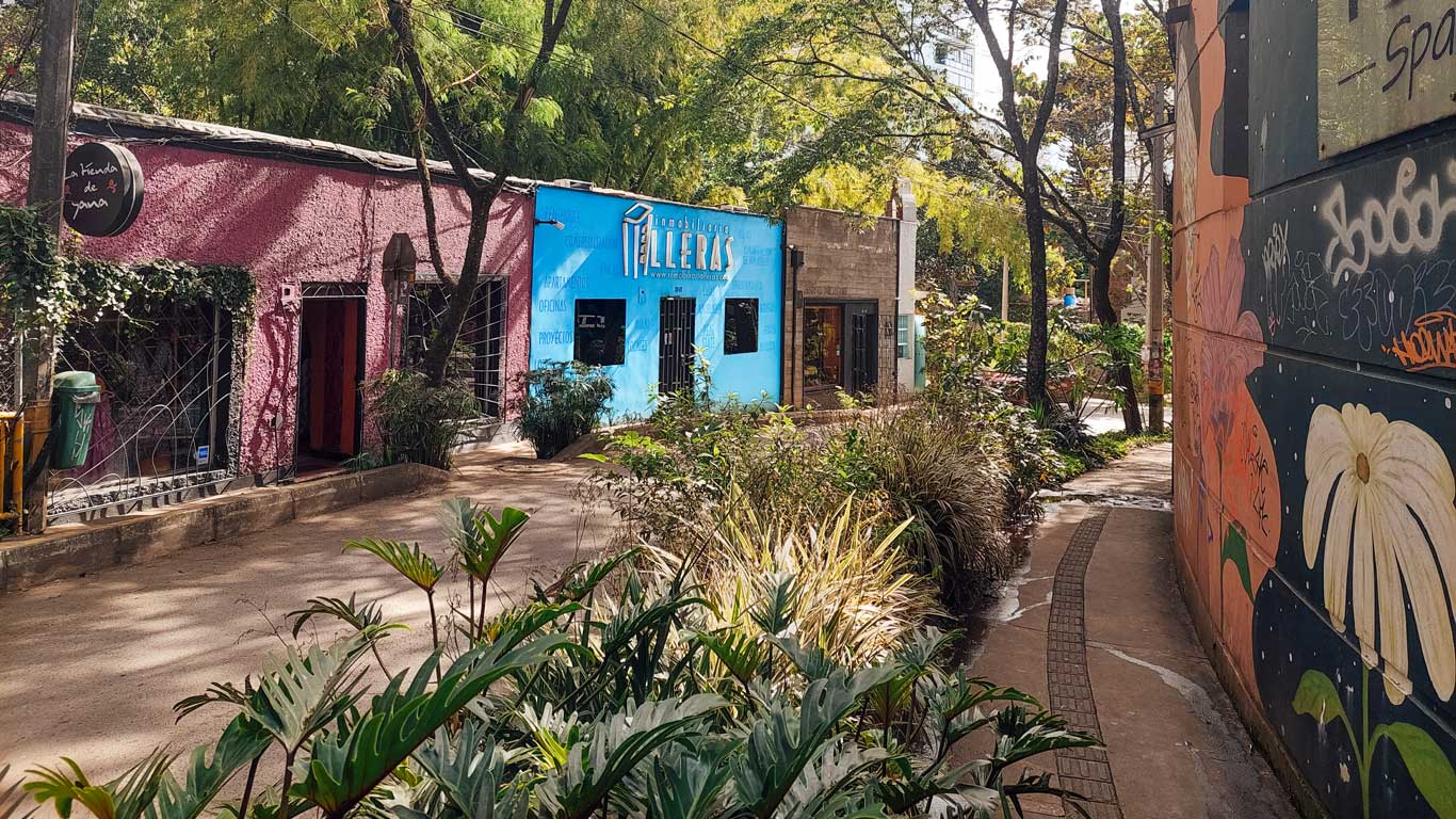 Rua arborizada de El Poblado, com azinhas coloridas ao seu entorno.