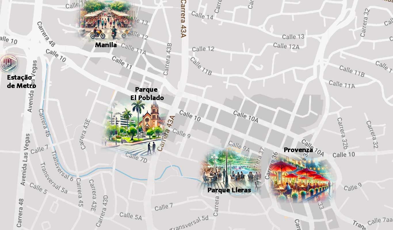 Mapa indicando as principais atrações turísticas de El Poblado em Medellín.