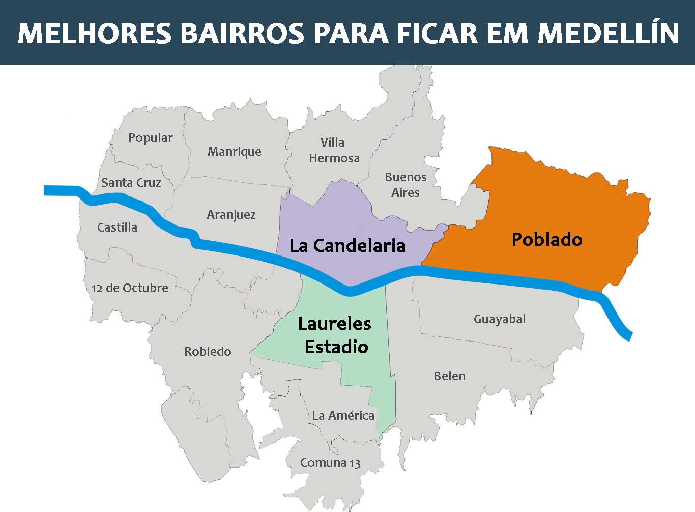 Mapa destacando os melhores lugares onde ficar em Medellím, que são: El Poblado, Laureles e La Candelaria.