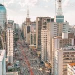 Vista aérea panorâmica da Avenida Paulista em São Paulo, Brasil, com arranha-céus alinhados na rua e uma atmosfera urbana movimentada sob um céu parcialmente nublado.