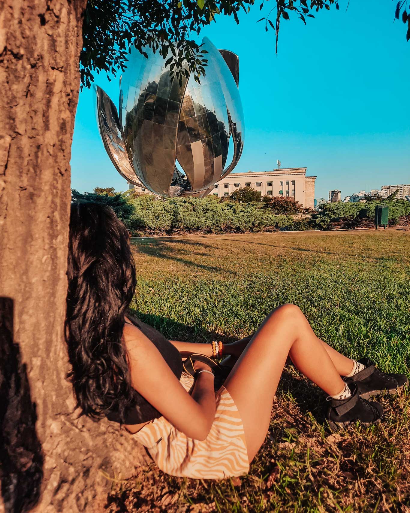 A imagem mostra uma mulher sentada encostada em uma árvore, observando a famosa escultura Floralis Generica em Buenos Aires. A grande flor metálica, com pétalas abertas e refletindo o céu azul, está ao fundo, cercada por vegetação verde. A mulher está relaxando na grama, aproveitando o ambiente tranquilo do parque em um dia ensolarado.