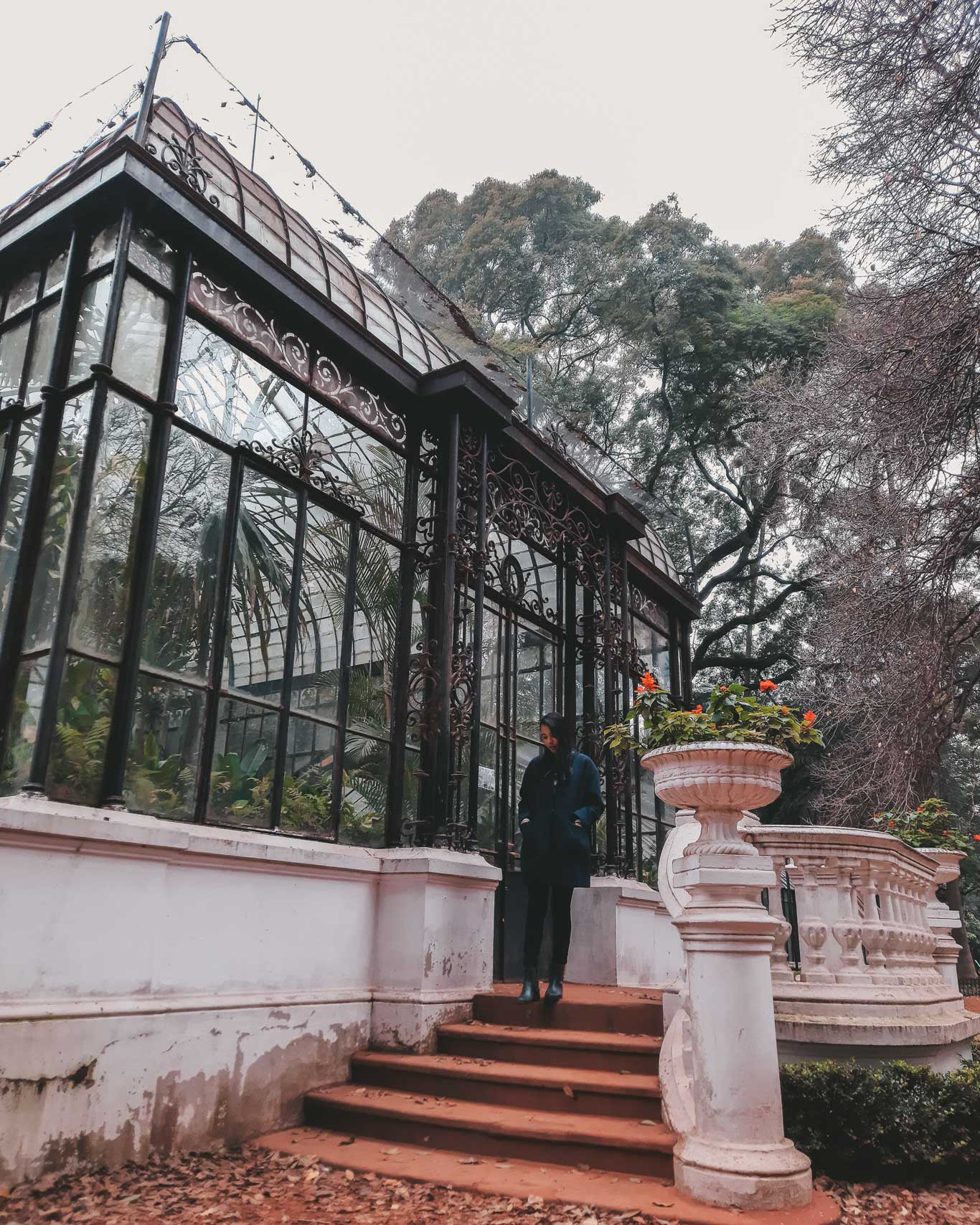 Estufa no Jardim Botânico de Buenos Aires, com estrutura de ferro trabalhado e grandes janelas de vidro, onde plantas exóticas são visíveis em seu interior. Uma mulher, vestida com roupas de frio, está parada nos degraus à frente da estufa. Ao lado, há vasos ornamentais com flores, contrastando com o céu nublado e as árvores ao fundo.