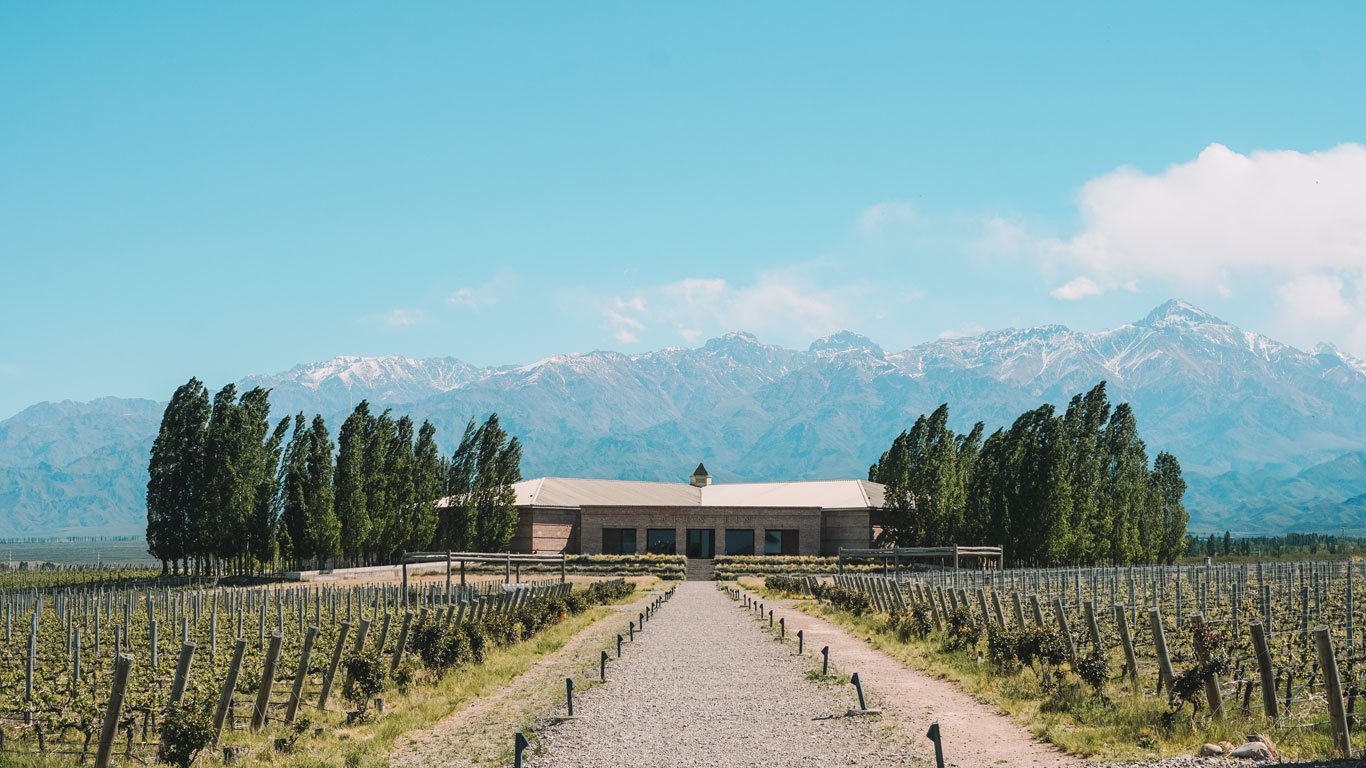 A Bodega Salentein no Valle de Uco, Mendoza, é apresentada ao final de uma longa estrada de cascalho cercada por vinhedos perfeitamente alinhados. A construção elegante está situada em meio a árvores e tem ao fundo as majestosas montanhas dos Andes, parcialmente cobertas de neve, criando um cenário imponente e sereno, ideal para enoturismo.