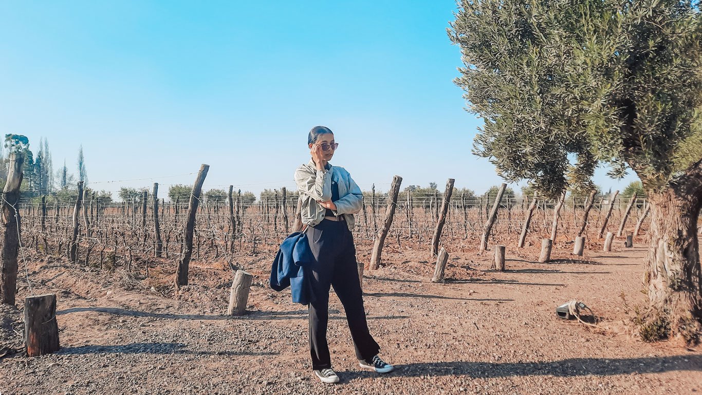 Mulher posando em frente aos vinhedos secos da Bodega Vistalba em Mendoza, Argentina, usando óculos de sol e uma jaqueta clara. Ela está rodeada por postes de madeira que sustentam as parreiras, com um céu azul intenso ao fundo e uma grande árvore à direita, refletindo o ambiente rural e acolhedor da vinícola.