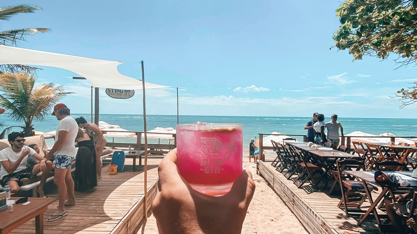 Praia-de-Aracaípe Mão segurando um copo de coquetel rosa com gelo e rodela de limão em um beach club à beira-mar na Praia de Aracaípe. Ao fundo, guarda-sóis, palmeiras e mesas de madeira compõem o ambiente descontraído.
