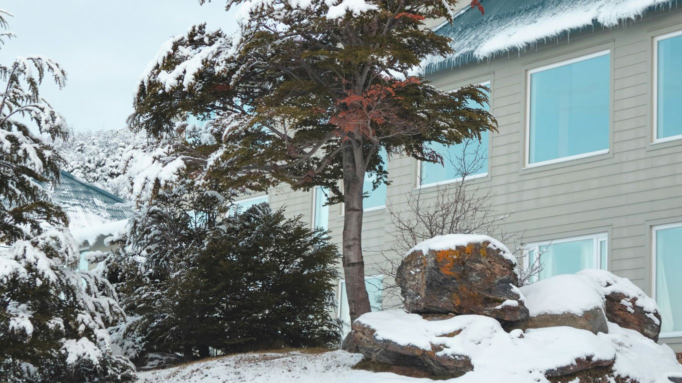 clima-em-ushuaia-inverno Fachada de um hotel com janelas grandes cercado por árvores cobertas de neve em Ushuaia.
