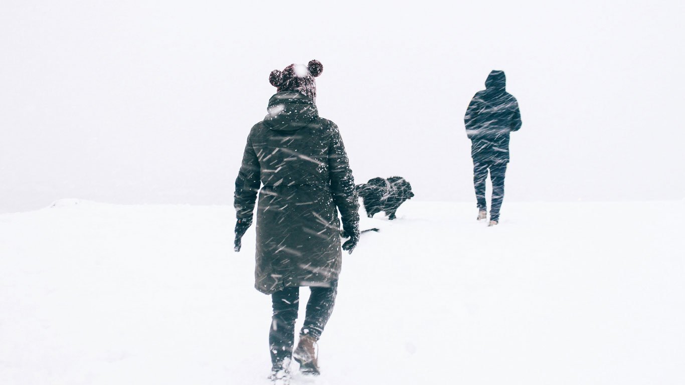 neveemushuaia2 Duas pessoas e um cachorro, andando na neve durante uma nevasca, com roupas de frio escuras contrastando com o branco ao redor.