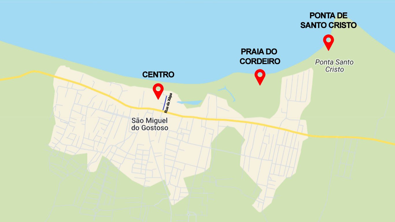 mapa-de-onde-ficar-em-sao-miguel-do-gostoso-3 Mapa destacando as melhores regiões e praias para ficar em São Miguel do Gostoso, RN.