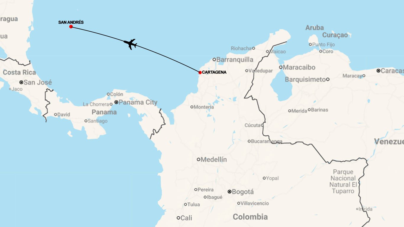 como-ir-de-cartagena-para-san-andres Mapa demonstrando o trajeto de como ir de Cartagena para San Andrés de avião.