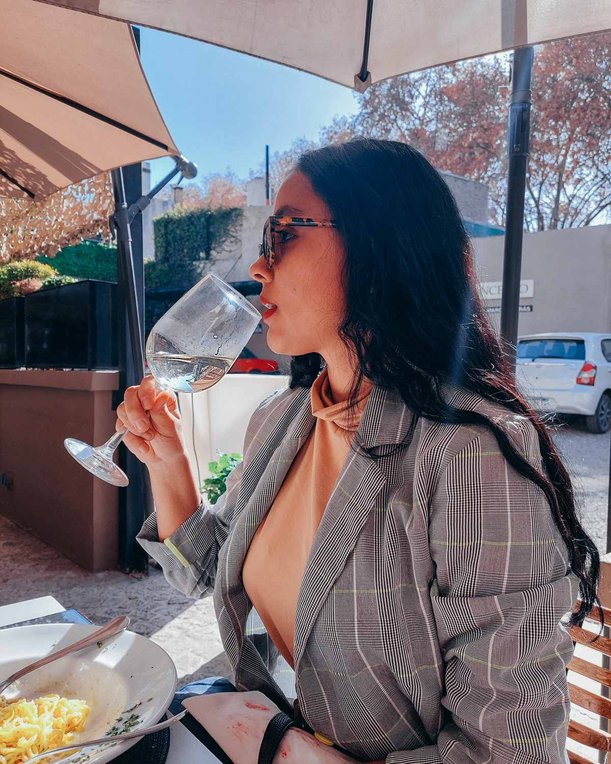 mendoza-em-novembro-restaurantes Mulher de cabelo comprido e óculos escuros bebendo vinho branco em uma taça enquanto almoça ao ar livre em Mendoza. Ela veste um blazer xadrez cinza com blusa bege e está sentada à mesa com um prato de massa à sua frente.