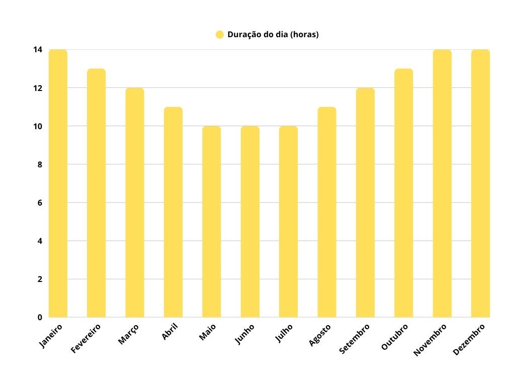 Gráfico de barras amarelas exibindo a duração média do dia em horas ao longo do ano. Junho e julho têm os dias mais curtos, com cerca de 10 horas, enquanto dezembro e janeiro apresentam os dias mais longos, com aproximadamente 14 horas. O gráfico representa quando ir para Mendoza.