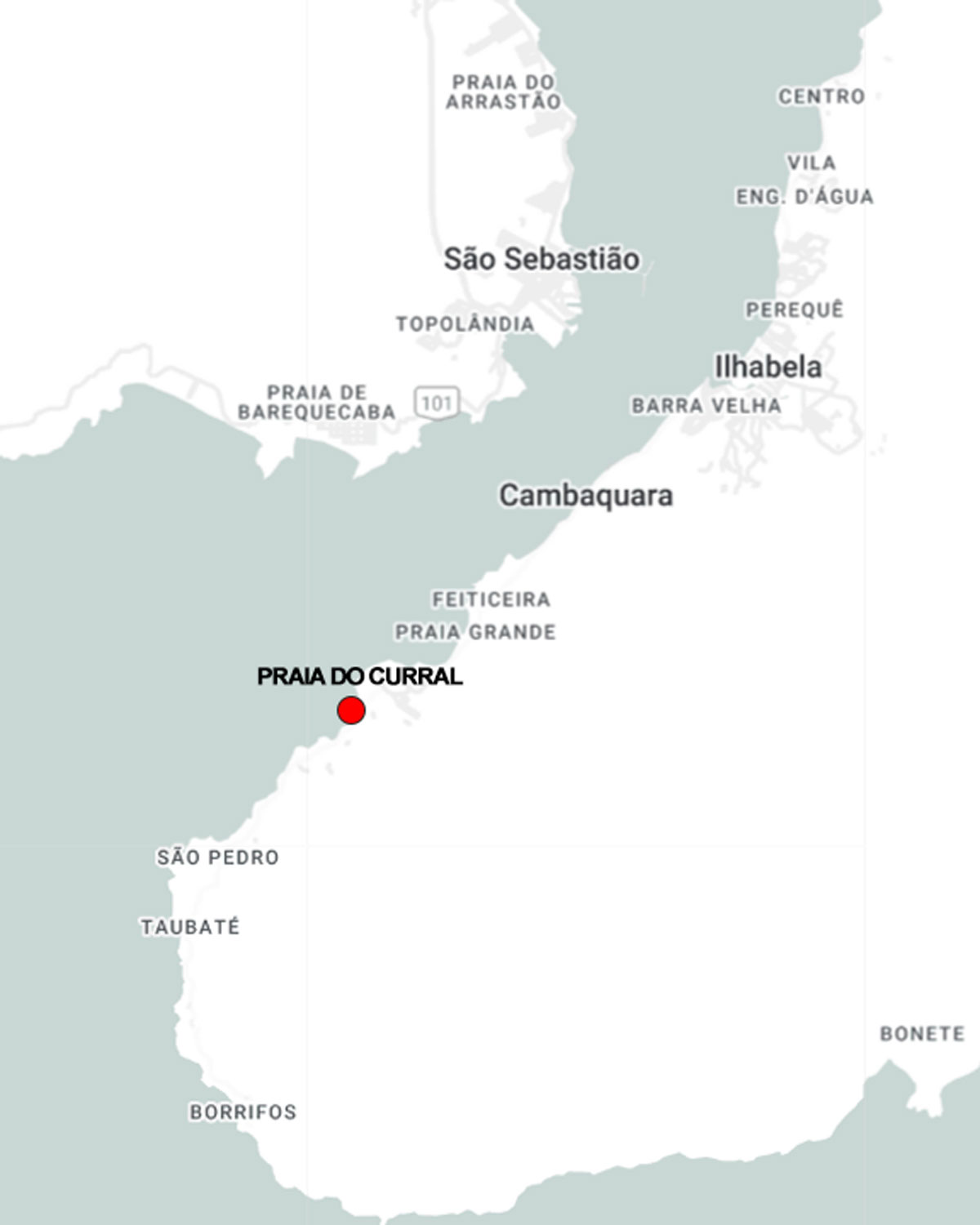 Mapa de localização da Praia do Curral, o melhor lugar para ficar em Ilhabela.